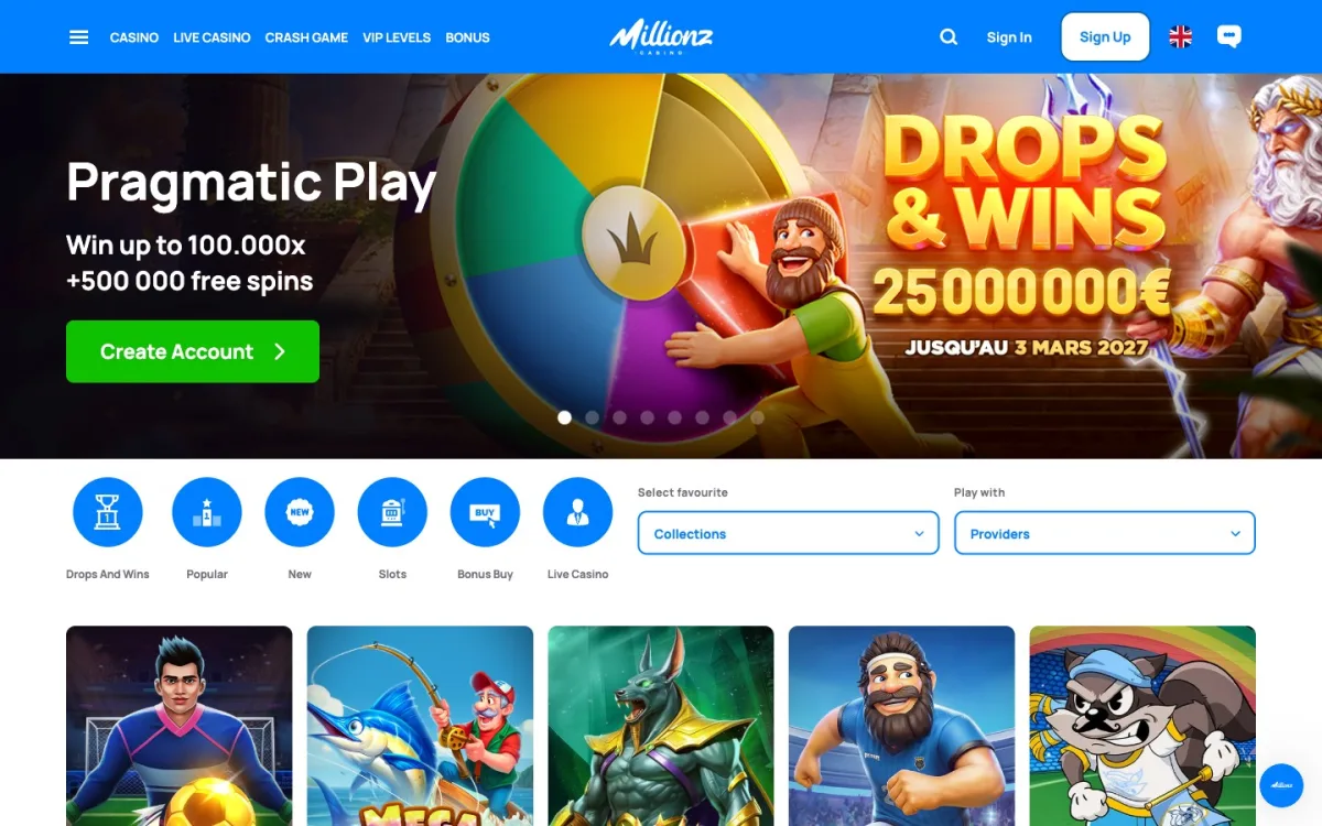 Page d’accueil Millionz Casino — hero block avec bonus de bienvenue 100% jusqu’à 500 € et 200 tours, capture juillet 2026
