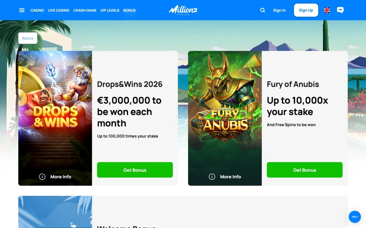 Page Promotions Millionz Casino — bonus de bienvenue, Millionz Shop Coinz, Drops & Wins et promotions hebdomadaires, capture juillet 2026