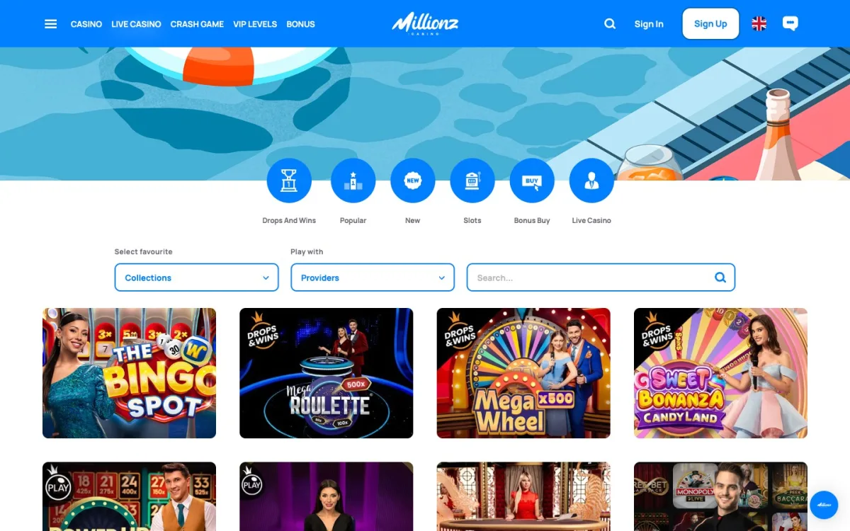 Casino Live Millionz — tables Evolution roulette, blackjack et game shows en direct, capture juillet 2026